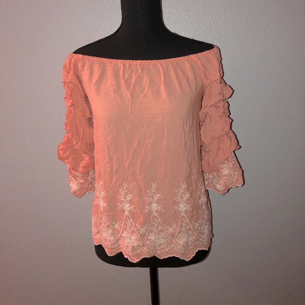 Pink and white off the shoulder blouse